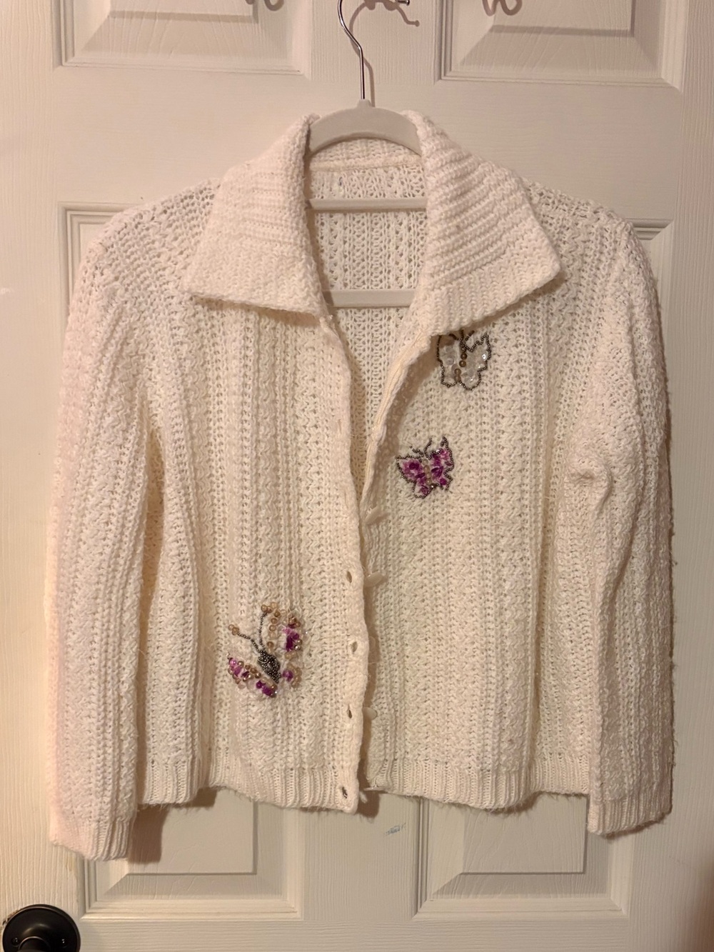 Vintage White Hand-Knit Cardigan with beaded butterflies